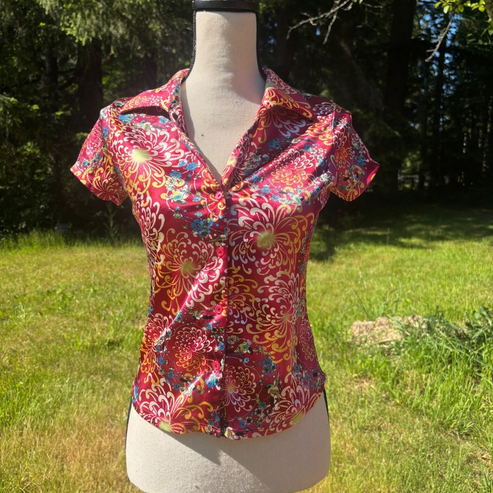 Funky Abstract Satin Button‎ Down Retro Indie Y2K Vibe Short Sleeve Top Size M